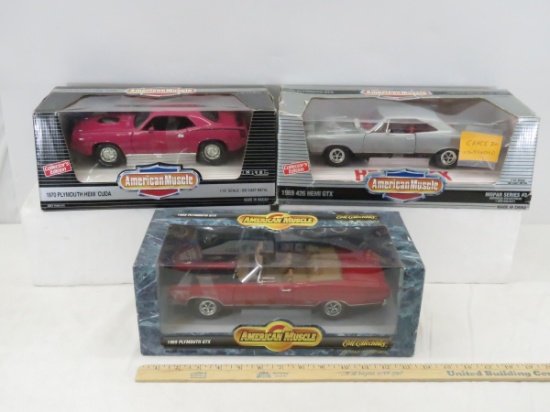 3 American Muscle Diecast 1:18 Car Models in Boxes