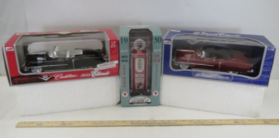 2 Diecast 1:18 scale Cars & Gas Pump in Boxes