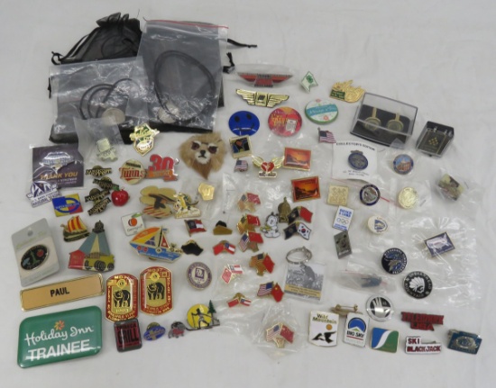Travel pins, governor cufflinks, coin necklaces