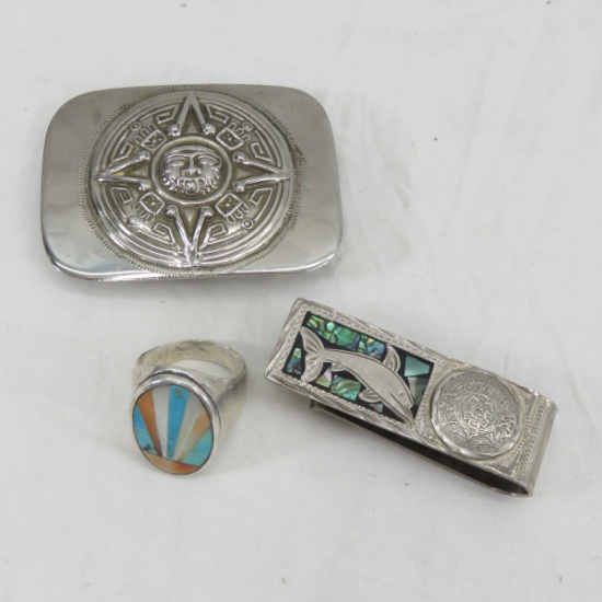Sterling Silver Belt Buckle, Money Clip & ring