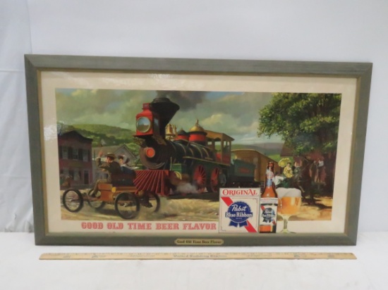 Pabst Blue Ribbon framed ad with train