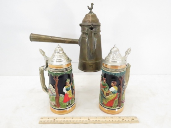 Antique Turkish coffee pot & 2 beer steins
