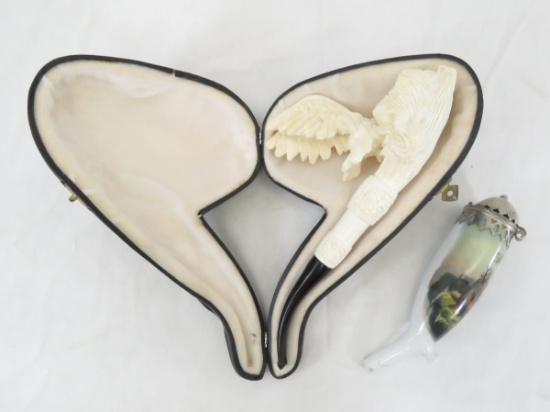 Carved eagle meerschaum pipe with case -new