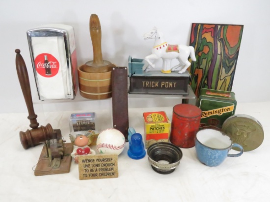 Modern coin bank, butter mold, collectibles & more
