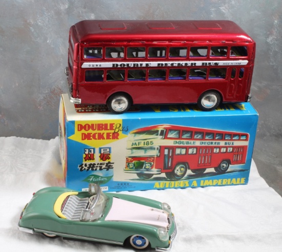 2 Tin Friction Toys Double Decker Bus, Convertible