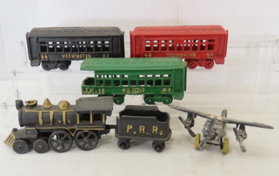 Cast Iron Train, Tender, 3 cars & Airplane
