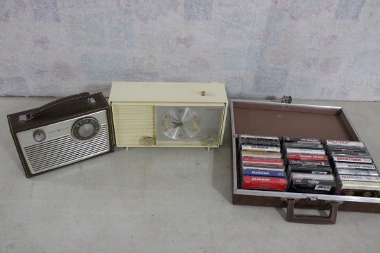 2 Old Radios & Case of 24 Cassette Tapes