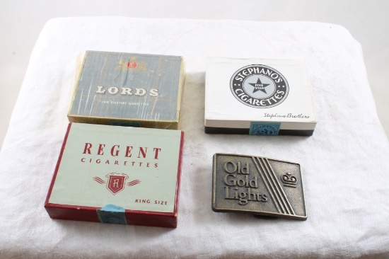 3 Sealed Cigarette Tins & Old Gold Belt Buckle