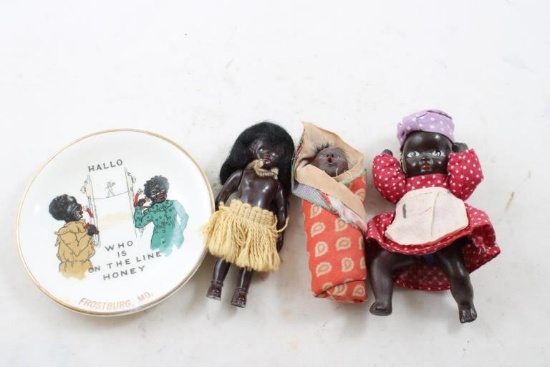 3 Black Americana Dolls & Souvenir Plate Maryland
