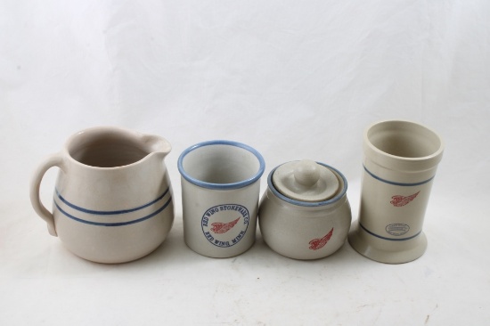 3 Red Wing Stoneware Pc's & Blue Band Pitcher