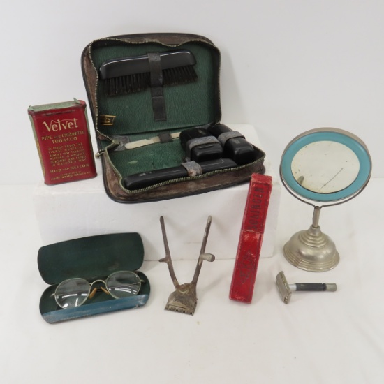 Antique Men's Dop Kit, Mirror, Razors, & More