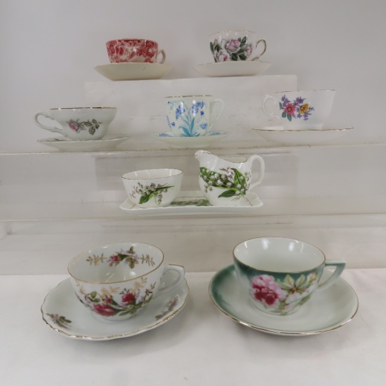 7 Antique Teacups & Saucers, Cream & Sugar Set