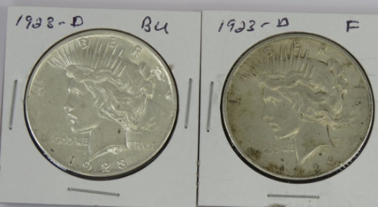 2 1923 D Peace Silver Dollars F & AU