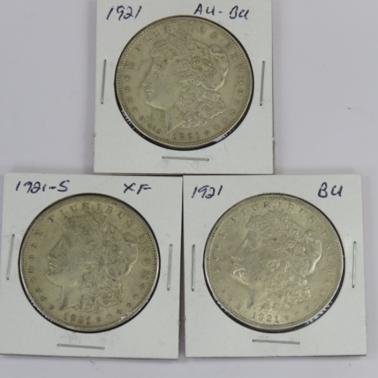 3 1921 Morgan Silver Dollars XF-BU
