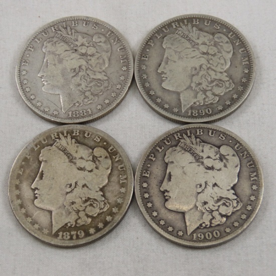 4 Morgan Silver Dollars 1879S, 1881, 1890O, 1900O