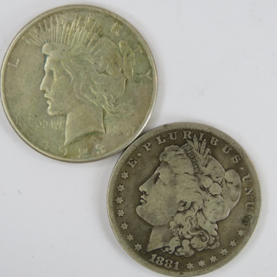 1881 S Morgan & 1923 S Peace Silver Dollars