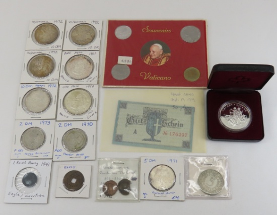 Foreign Coins and notes, some silver coins