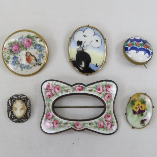 Cameo,  Hand Painted Silhouette & Other Brooches