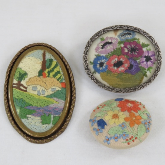 3 Antique Embroidery Needle Work Brooches