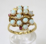 14kt Gold Opal & Ruby Cluster Ring