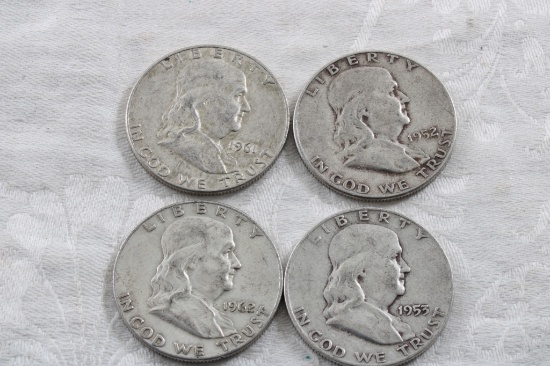 4 Franklin Half Dollars1952, 1953D, 1961D, 1962D
