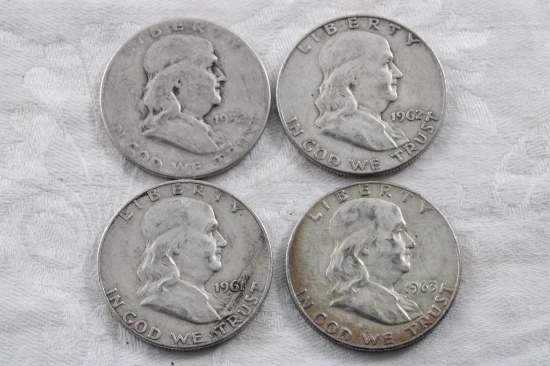 4 Franklin Half Dollars 1952, 1961D,1962D,1963D