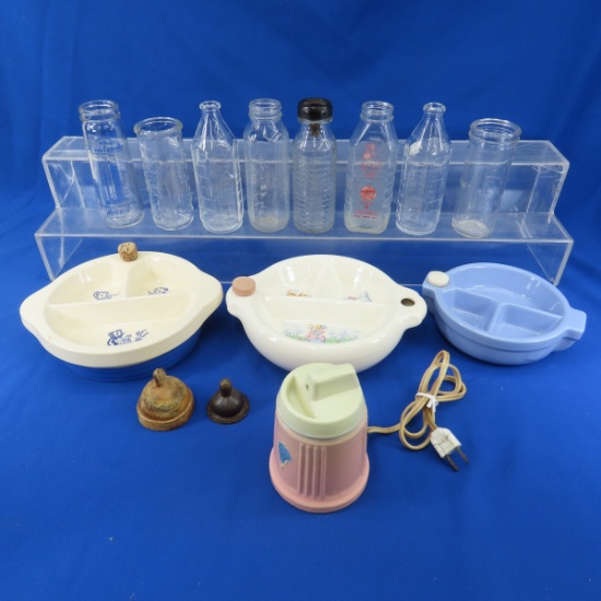 3 Vintage heated baby dishes, bottles & warmer