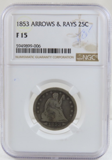 1853 Seated Liberty Quarter Arrows & Rays NGC F15