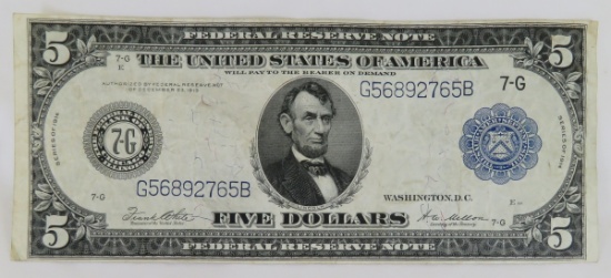 1914 $5 Federal Reserve Large Note Chicago Ill