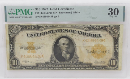 1922 $10 Gold Certificate PMG VF30