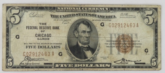 1929 $5 National Currency Note Fed Res Chicago Ill