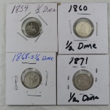 4 Seated Liberty Dimes 1854, 1860, 1868 S, 1871