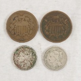 1866 & 67 3 Cent Nickels, 1864 & 66 2 Cent Shield