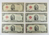 6 1928 $2 Red Seal Notes & 1 1928 $5 Red Seal note