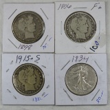 4 Half Dollars 1898, 1906, 1915 S Barber, 1934