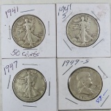 1941, 41S, 47 Walking Liberty & 1949 S Franklin