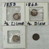 4 Seated Liberty Half Dimes 1853, 1855, 1862, 185x