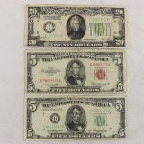 3 US Notes, 1928 $20, 1950 $5, 1953 $5