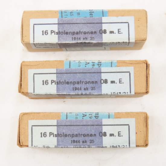 3 boxes WWII P 08 9mm ammunition 1944 sealed