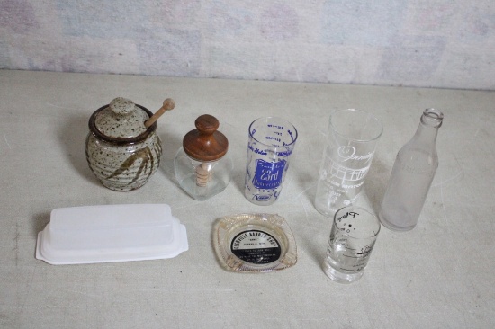 Adv. Ashtray, Glasses, 2 Honey Pots, Butter Dish