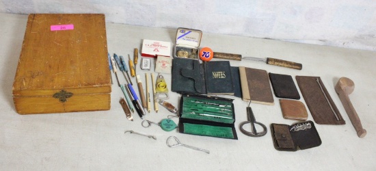 Junk Drawer Lot in Wooden Box 13"x 9.5" x 4"