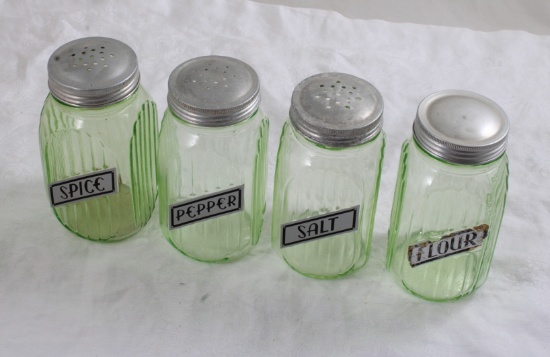 4 Anchor Hocking Uranium Glass Hoosier Spice Jars
