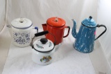 3 Enamelware Coffee Pots, 1 Enamelware Teapot