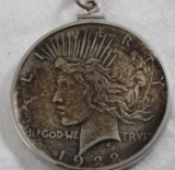 1922 D Peace Silver Dollar w/Sterling Silver Chain