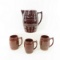 3qt Stoneware Brown Glaze Barrel Pitcher & 3 Mugs