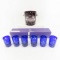 Red Cut Glass Ice Bucket & 6 Serbian Cobalt Juice Cut Glass Glasses