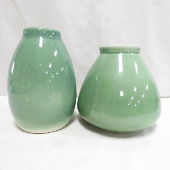 2 Red Wing Art Pottery Green Glaze Vases