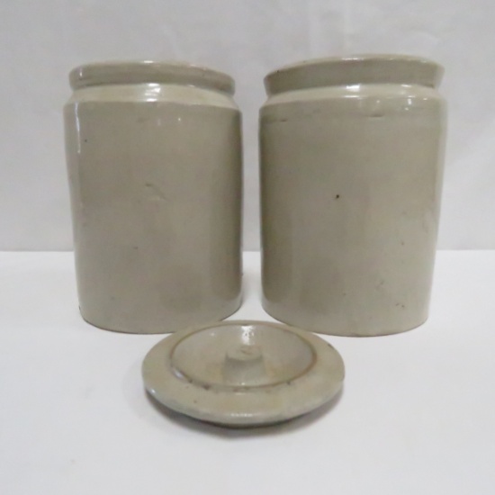 2 1 Qt Stoneware Snuff Jars & 1 Lid