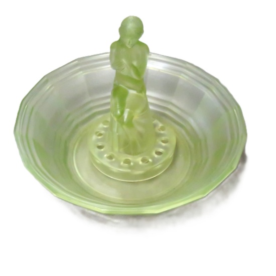 Sowerby Uranium Satin Glass Flower Frog & Bowl