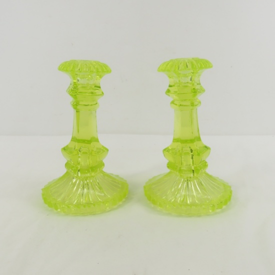Pair of Vintage Vaseline Glass Candlesticks 6.75"